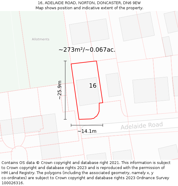 16, ADELAIDE ROAD, NORTON, DONCASTER, DN6 9EW: Plot and title map