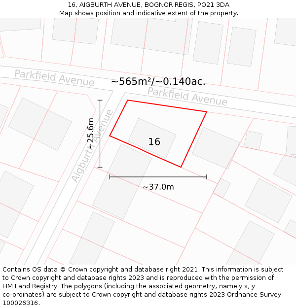 16, AIGBURTH AVENUE, BOGNOR REGIS, PO21 3DA: Plot and title map