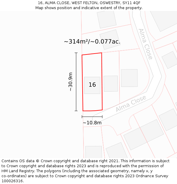 16, ALMA CLOSE, WEST FELTON, OSWESTRY, SY11 4QF: Plot and title map