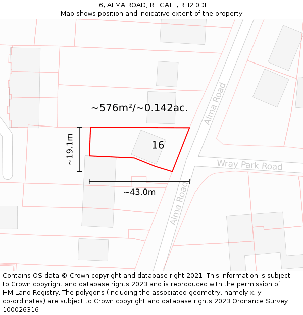 16, ALMA ROAD, REIGATE, RH2 0DH: Plot and title map