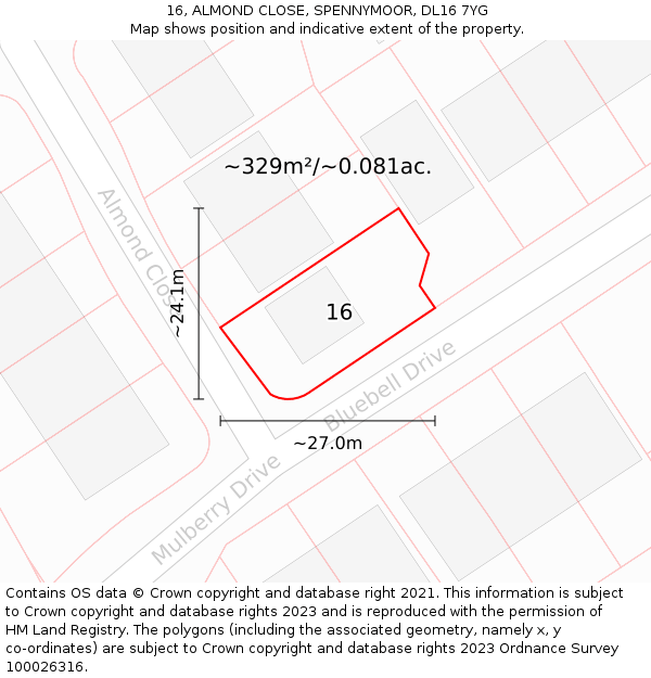 16, ALMOND CLOSE, SPENNYMOOR, DL16 7YG: Plot and title map