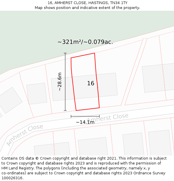 16, AMHERST CLOSE, HASTINGS, TN34 1TY: Plot and title map