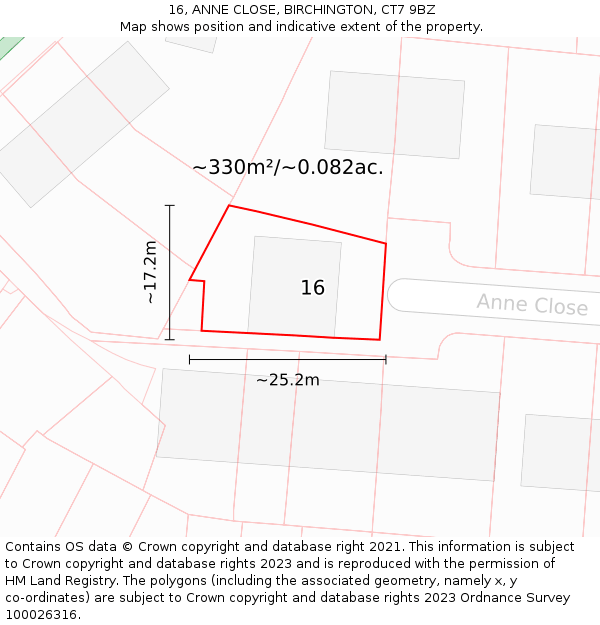 16, ANNE CLOSE, BIRCHINGTON, CT7 9BZ: Plot and title map