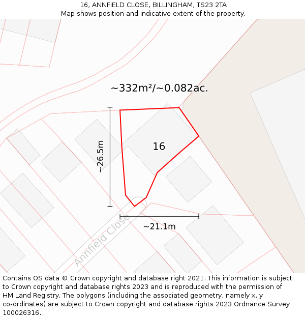 16, ANNFIELD CLOSE, BILLINGHAM, TS23 2TA: Plot and title map