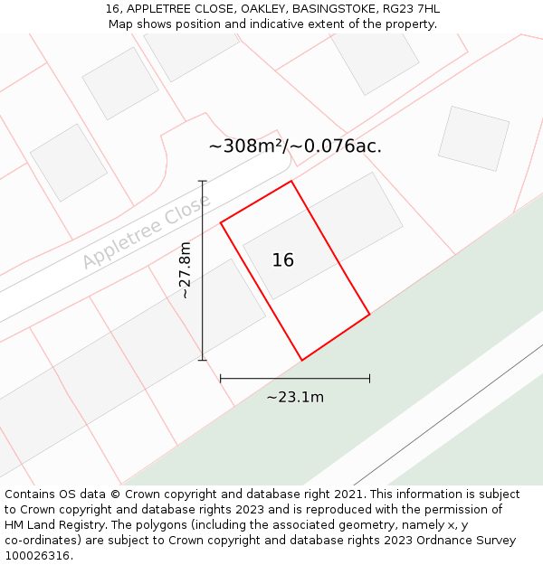 16, APPLETREE CLOSE, OAKLEY, BASINGSTOKE, RG23 7HL: Plot and title map