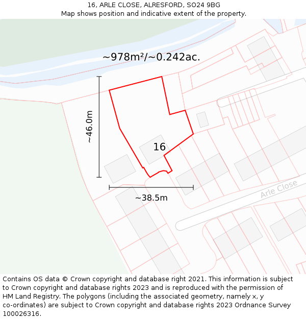 16, ARLE CLOSE, ALRESFORD, SO24 9BG: Plot and title map