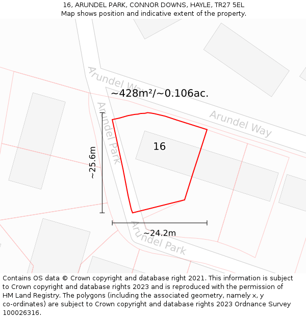 16, ARUNDEL PARK, CONNOR DOWNS, HAYLE, TR27 5EL: Plot and title map