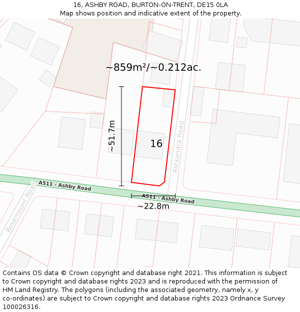 16, ASHBY ROAD, BURTON-ON-TRENT, DE15 0LA: Plot and title map