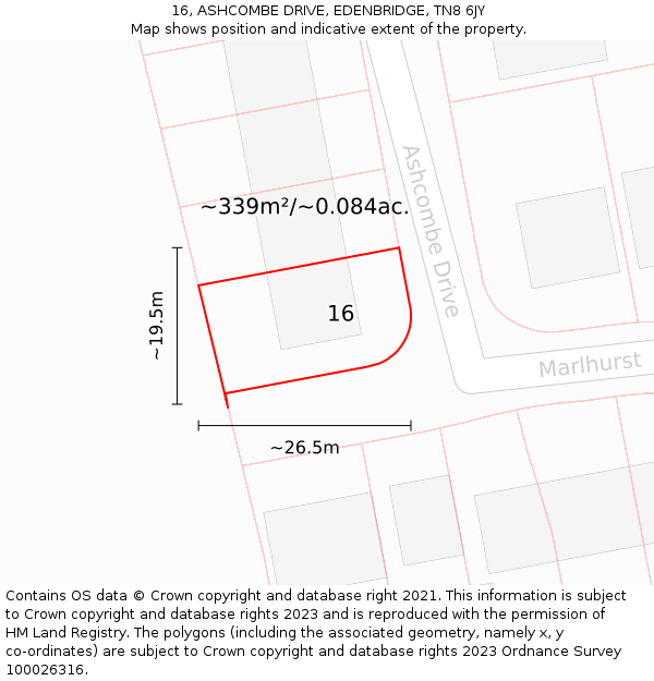 16, ASHCOMBE DRIVE, EDENBRIDGE, TN8 6JY: Plot and title map