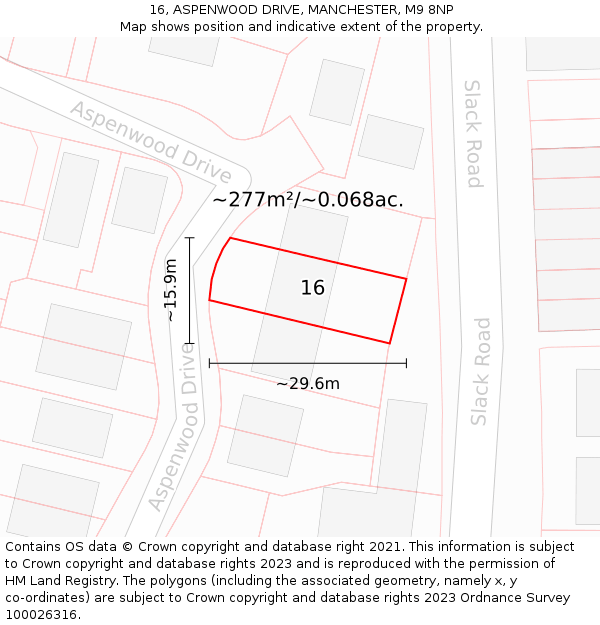 16, ASPENWOOD DRIVE, MANCHESTER, M9 8NP: Plot and title map