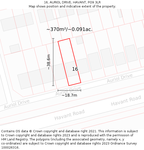 16, AURIOL DRIVE, HAVANT, PO9 3LR: Plot and title map