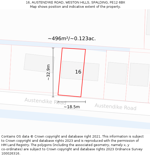 16, AUSTENDYKE ROAD, WESTON HILLS, SPALDING, PE12 6BX: Plot and title map