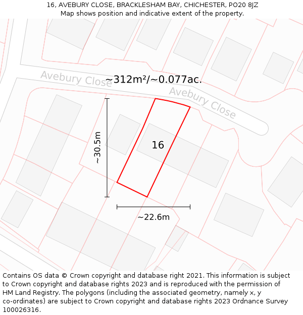 16, AVEBURY CLOSE, BRACKLESHAM BAY, CHICHESTER, PO20 8JZ: Plot and title map