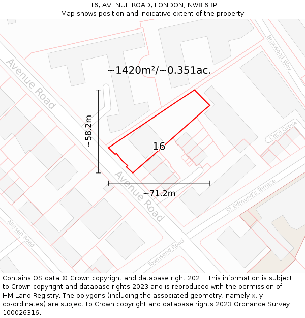 16, AVENUE ROAD, LONDON, NW8 6BP: Plot and title map
