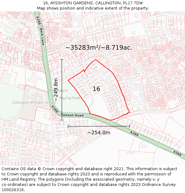 16, AYSSHTON GARDENS, CALLINGTON, PL17 7DW: Plot and title map