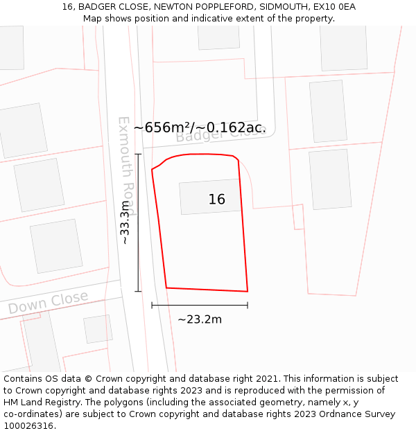 16, BADGER CLOSE, NEWTON POPPLEFORD, SIDMOUTH, EX10 0EA: Plot and title map