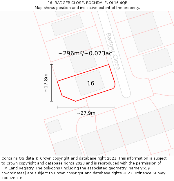 16, BADGER CLOSE, ROCHDALE, OL16 4QR: Plot and title map