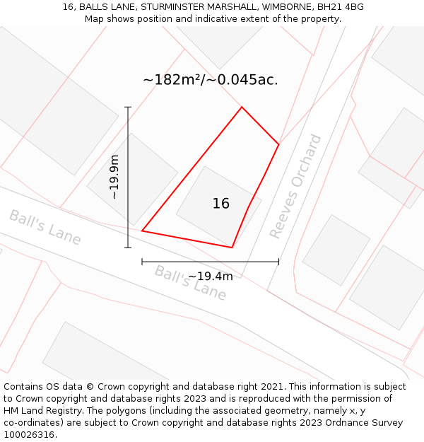 16, BALLS LANE, STURMINSTER MARSHALL, WIMBORNE, BH21 4BG: Plot and title map