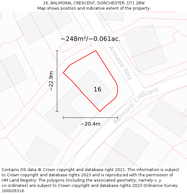 16, BALMORAL CRESCENT, DORCHESTER, DT1 2BW: Plot and title map
