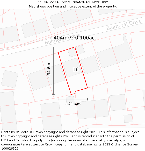 16, BALMORAL DRIVE, GRANTHAM, NG31 8SY: Plot and title map