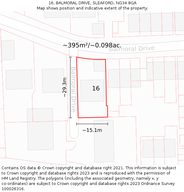 16, BALMORAL DRIVE, SLEAFORD, NG34 8GA: Plot and title map