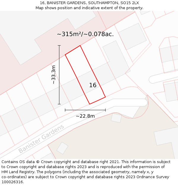 16, BANISTER GARDENS, SOUTHAMPTON, SO15 2LX: Plot and title map