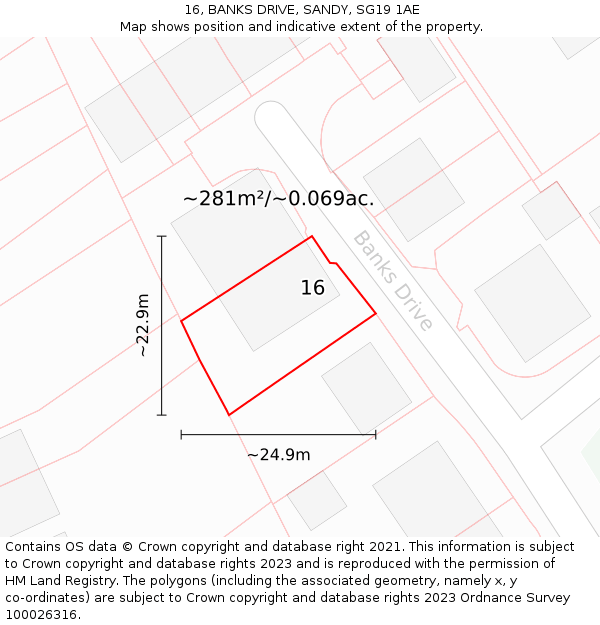 16, BANKS DRIVE, SANDY, SG19 1AE: Plot and title map