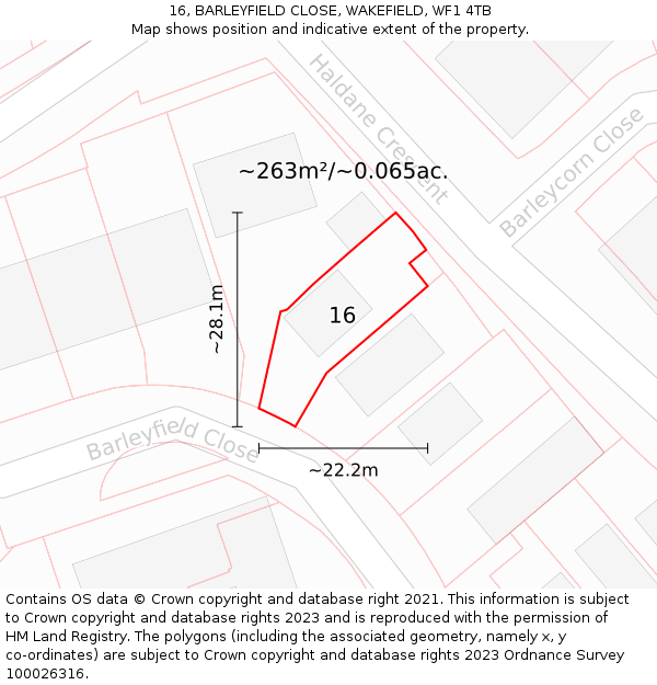 16, BARLEYFIELD CLOSE, WAKEFIELD, WF1 4TB: Plot and title map