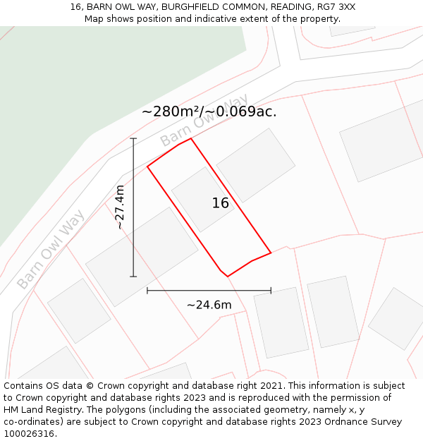 16, BARN OWL WAY, BURGHFIELD COMMON, READING, RG7 3XX: Plot and title map