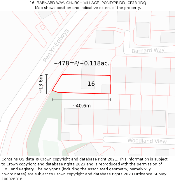 16, BARNARD WAY, CHURCH VILLAGE, PONTYPRIDD, CF38 1DQ: Plot and title map