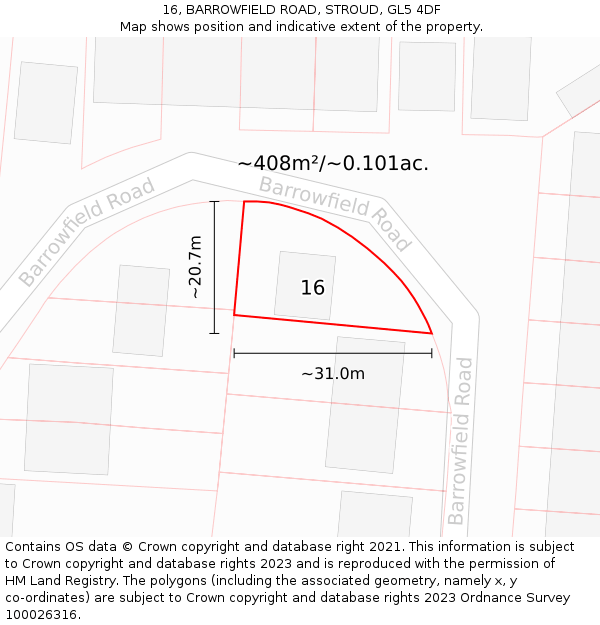 16, BARROWFIELD ROAD, STROUD, GL5 4DF: Plot and title map