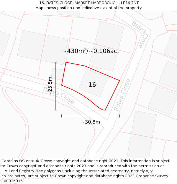 16, BATES CLOSE, MARKET HARBOROUGH, LE16 7NT: Plot and title map