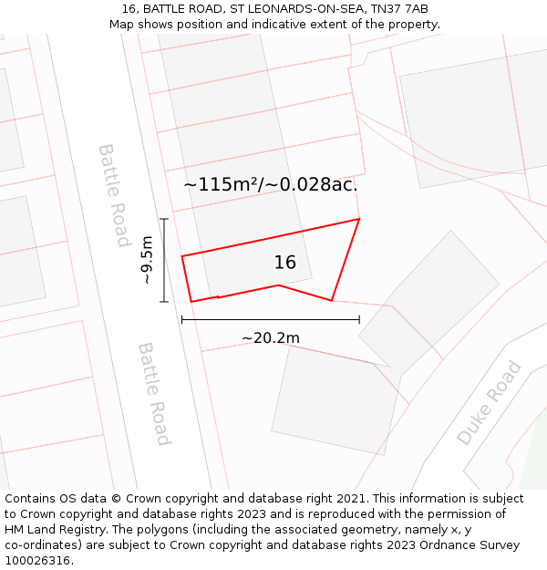 16, BATTLE ROAD, ST LEONARDS-ON-SEA, TN37 7AB: Plot and title map