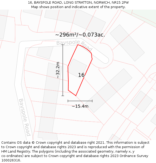 16, BAYSPOLE ROAD, LONG STRATTON, NORWICH, NR15 2PW: Plot and title map