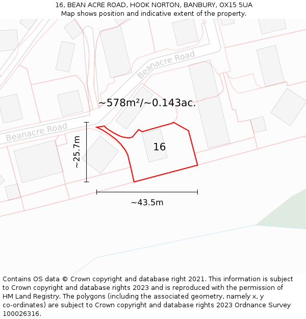 16, BEAN ACRE ROAD, HOOK NORTON, BANBURY, OX15 5UA: Plot and title map