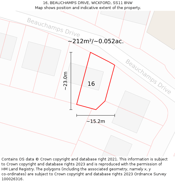 16, BEAUCHAMPS DRIVE, WICKFORD, SS11 8NW: Plot and title map