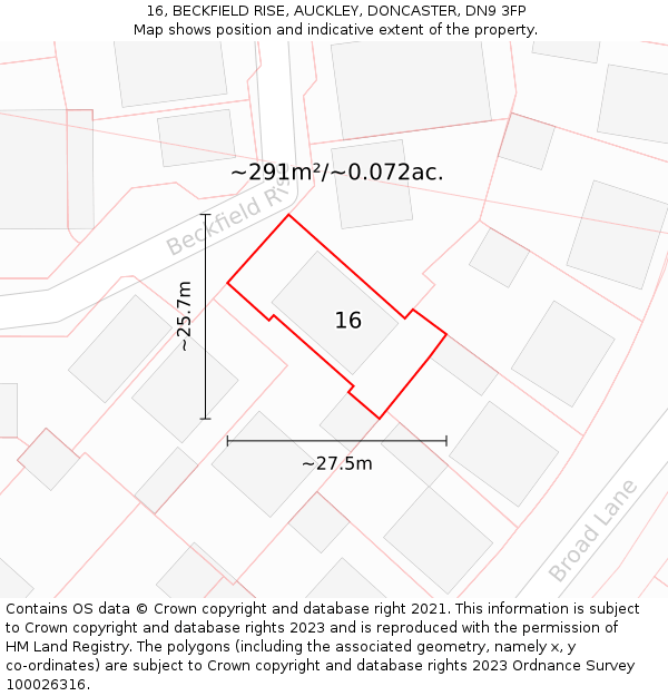 16, BECKFIELD RISE, AUCKLEY, DONCASTER, DN9 3FP: Plot and title map