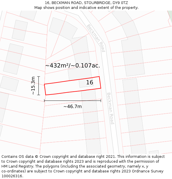 16, BECKMAN ROAD, STOURBRIDGE, DY9 0TZ: Plot and title map