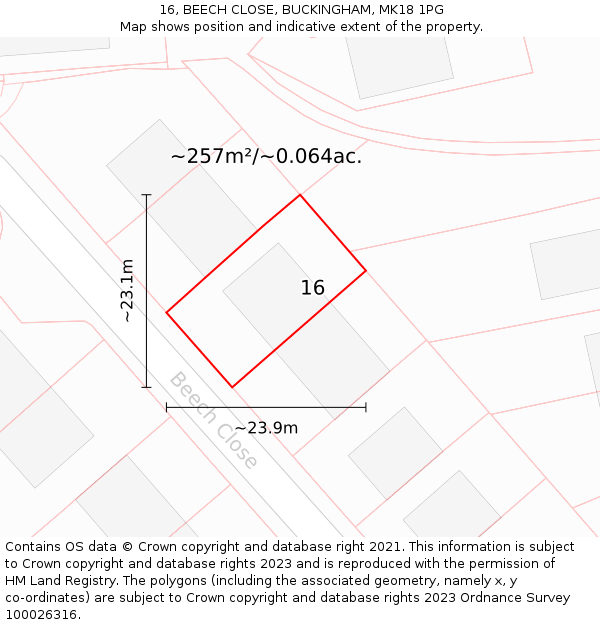 16, BEECH CLOSE, BUCKINGHAM, MK18 1PG: Plot and title map