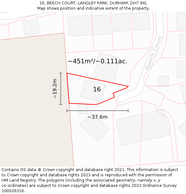 16, BEECH COURT, LANGLEY PARK, DURHAM, DH7 9XL: Plot and title map