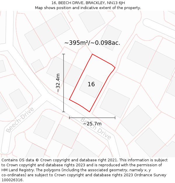 16, BEECH DRIVE, BRACKLEY, NN13 6JH: Plot and title map