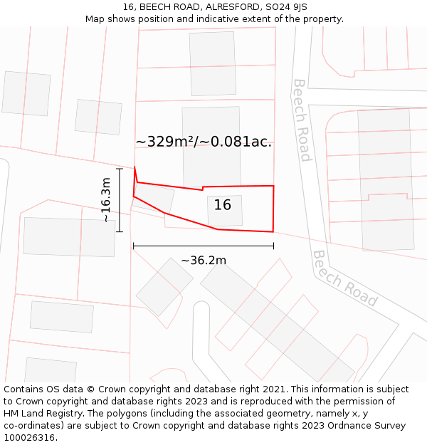 16, BEECH ROAD, ALRESFORD, SO24 9JS: Plot and title map