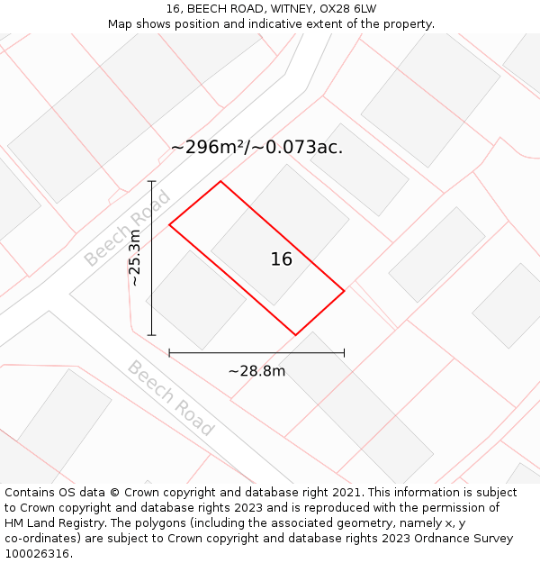 16, BEECH ROAD, WITNEY, OX28 6LW: Plot and title map