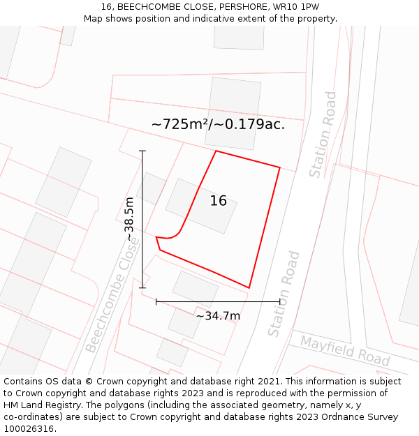 16, BEECHCOMBE CLOSE, PERSHORE, WR10 1PW: Plot and title map