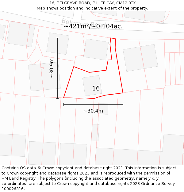 16, BELGRAVE ROAD, BILLERICAY, CM12 0TX: Plot and title map