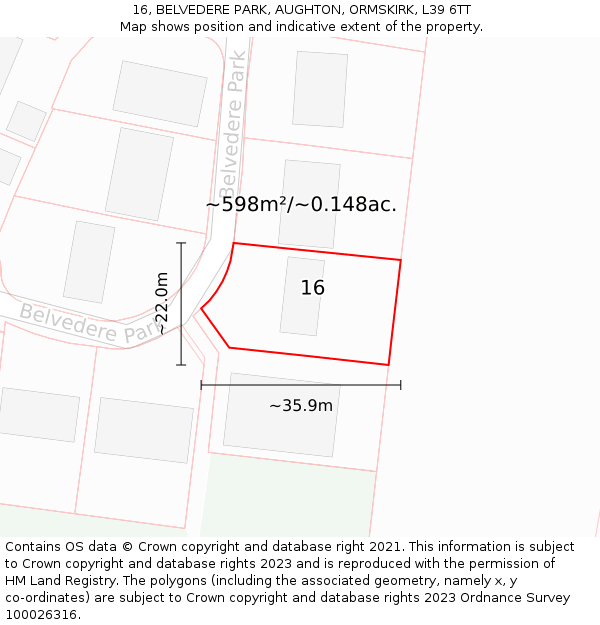 16, BELVEDERE PARK, AUGHTON, ORMSKIRK, L39 6TT: Plot and title map