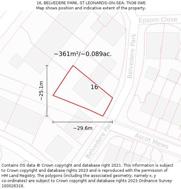 16, BELVEDERE PARK, ST LEONARDS-ON-SEA, TN38 0WE: Plot and title map