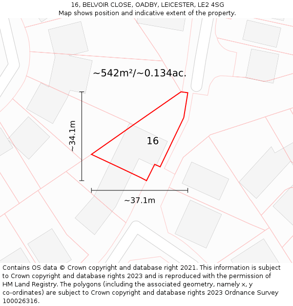 16, BELVOIR CLOSE, OADBY, LEICESTER, LE2 4SG: Plot and title map