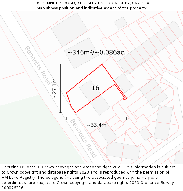 16, BENNETTS ROAD, KERESLEY END, COVENTRY, CV7 8HX: Plot and title map