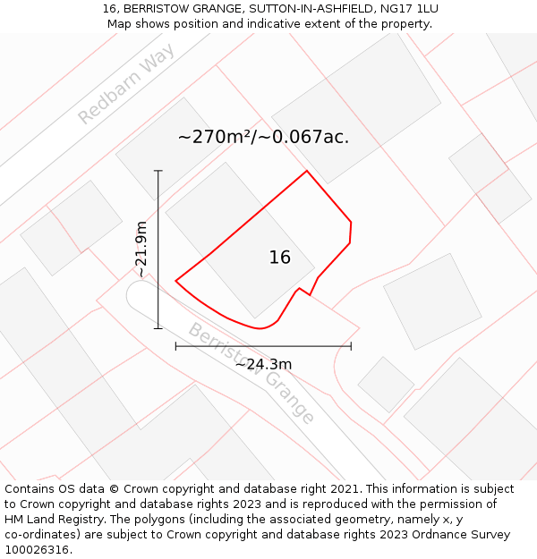 16, BERRISTOW GRANGE, SUTTON-IN-ASHFIELD, NG17 1LU: Plot and title map